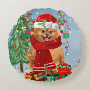 Coussins Ronds Chien de Poméranie avec cadeaux de Noël