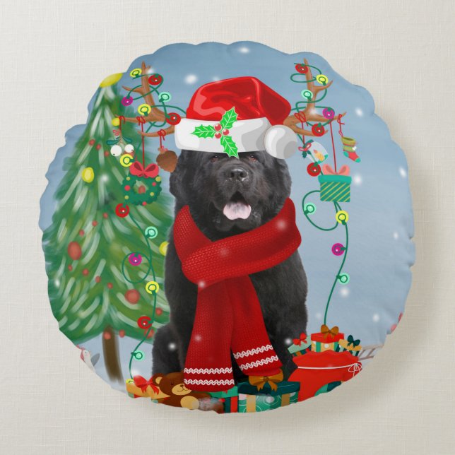 Coussins Ronds Chien de Terre-Neuve avec cadeaux de Noël (Devant)