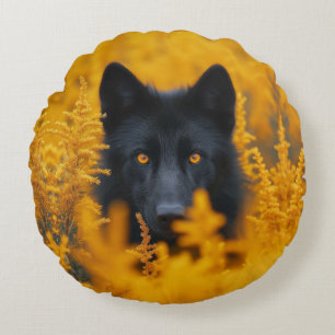Coussins Ronds Chien noir aux yeux d'or étonnants