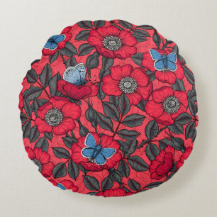 Coussins Ronds Chien rose et papillons en rouge et bleu