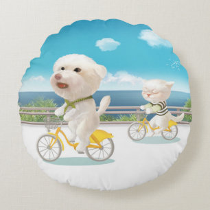 Coussins Ronds Chiens et chats Vélo en mer