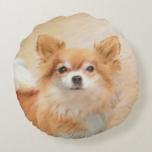 Coussins Ronds Chihuahua Peinture de Chien à long Haired Art orig
