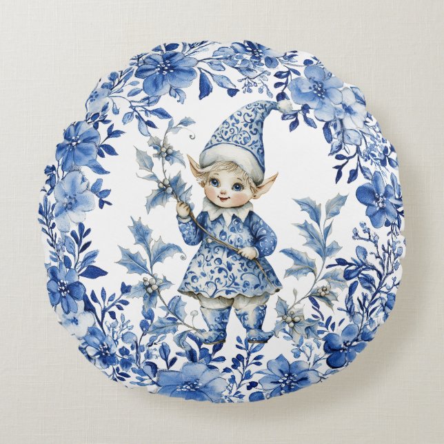 Coussins Ronds Chinoiserie Bleu Blanc Floral Elfe de Noël (Devant)