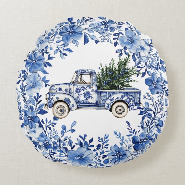 Coussins Ronds Chinoiserie Blue White Floral Christmas Truck (Devant)