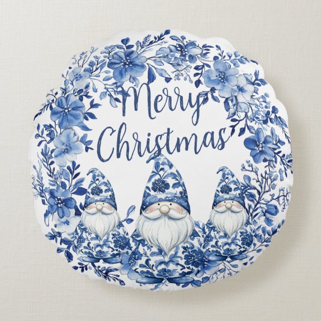 Coussins Ronds Chinoiserie Blue White Floral Gnomes de Noël (Devant)