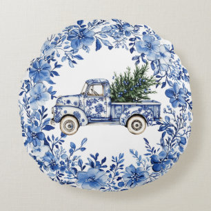 Coussins Ronds Chinoiserie camion de Noël bleu blanc floral