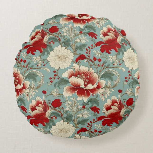 Coussins Ronds Chinoiserie florale rouge, crème et verte (Devant)