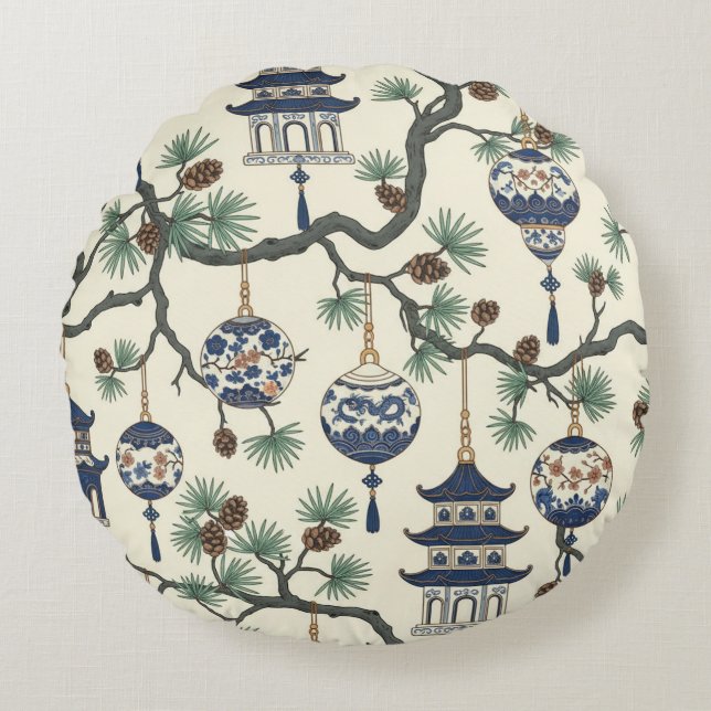 Coussins Ronds Chinoiserie Pagoda Ornament Design Pine Branch (Devant)