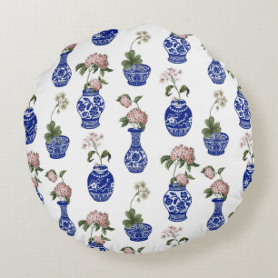 Coussins Ronds Chinoiserie vases bleus et fleurs