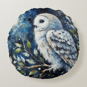 Coussins Ronds Chouette blanche sur branche dans la peinture lune