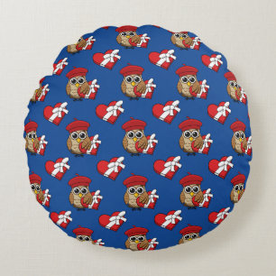 Coussins Ronds Chouette mignonne avec béret rouge et boîte cardia