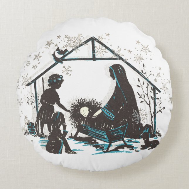 Coussins Ronds Christian Saint Bébé Jésus Noël Nativité Scène (Devant)