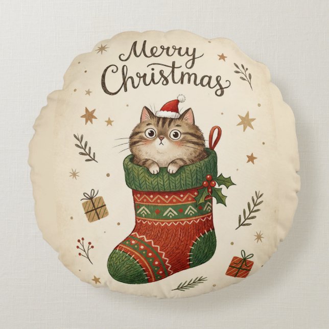 Coussins Ronds Christmas Cat in Stocking (Devant)