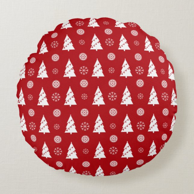 Coussins Ronds Christmas Pillow with Trees and Snowflakes (Devant)