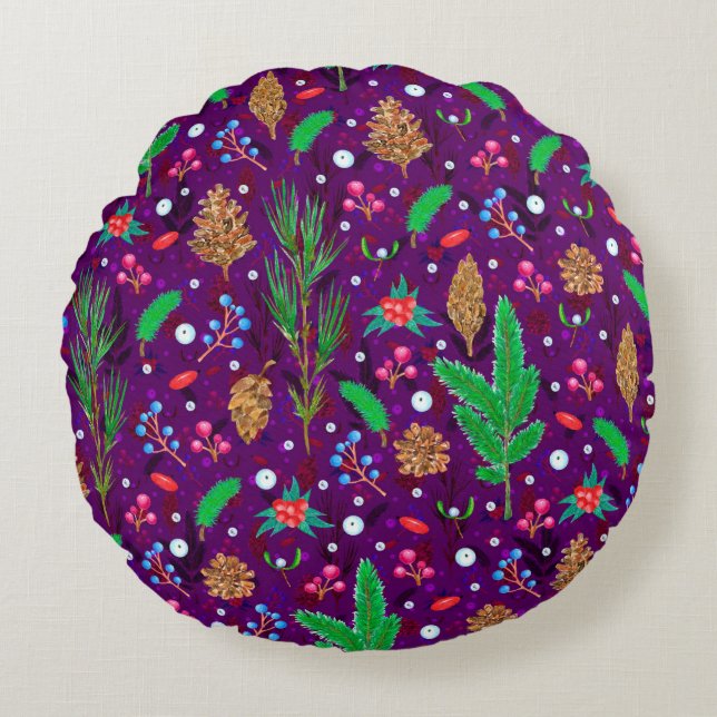 Coussins Ronds Christmas seamless pattern with pine cones, fir br (Devant)