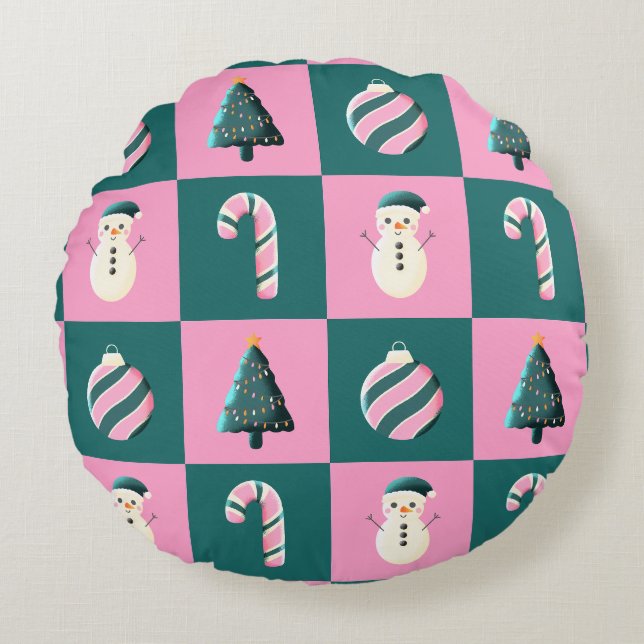 Coussins Ronds Christmas tree candy cane bauble snowman pink cyan (Devant)