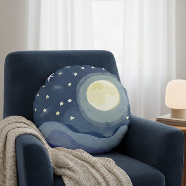 Coussins Ronds Ciel nocturne rêveur pleine lune étoiles art aquar (Créateur téléchargé)