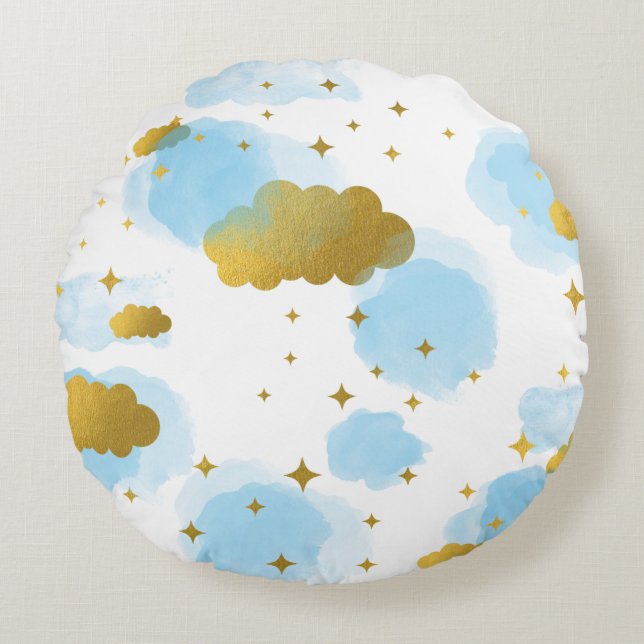 Coussins Ronds Ciel Nuages Aquarelle Bleus Étoiles Dorées  (Devant)