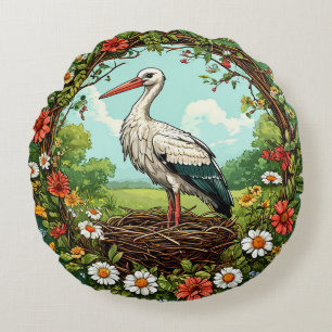 Coussins Ronds Cigogne majestueuse au repos dans un nid printanie