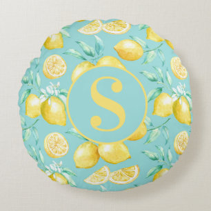 Coussins Ronds Citron jaune mignon Motif sur Monogramme bleu clai