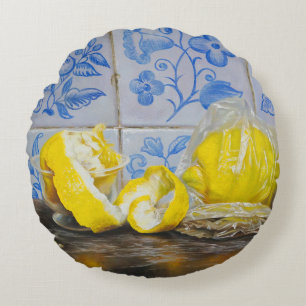 Coussins Ronds Citrons et Azulejos — Nature morte classique bleu