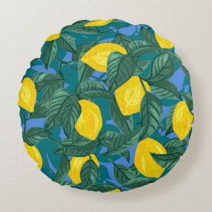 Coussins Ronds Citrons, feuille : motif tropical d'agrumes.