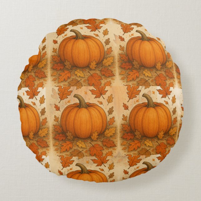 Coussins Ronds Citrouille d'automne d'or et Feuille en chute (Devant)
