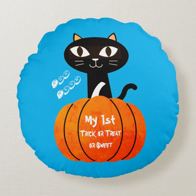 Coussins Ronds Citrouille de chat orange noir ou traiter Hallowee (Devant)