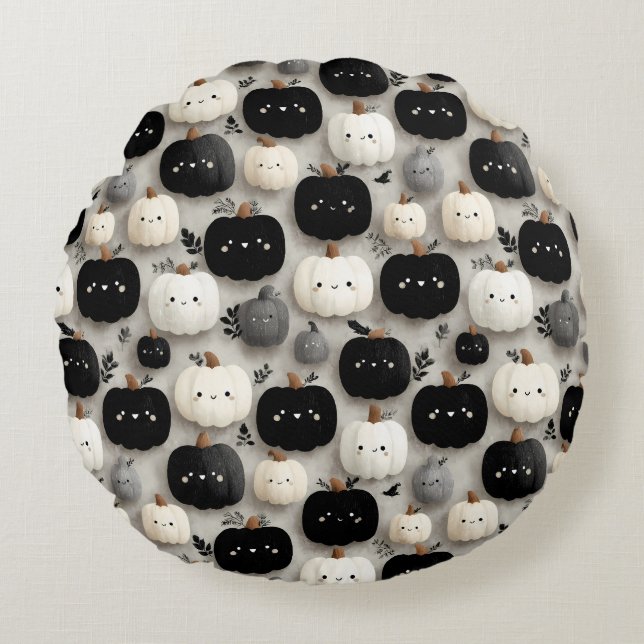 Coussins Ronds Citrouille noir et blanc mignon Motif automne (Devant)