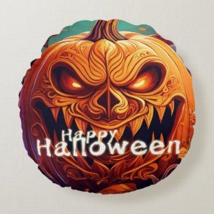 Coussins Ronds Citrouille orange effrayante avec visage, Hallowee