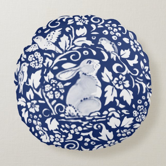 Coussins Ronds Cobalt Blue Rabbit Bird Floral Chinoiserie Dedham  (Devant)