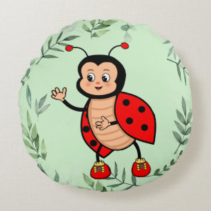 Coussins Ronds Coccinelle heureuse et feuilles de plante sur fond