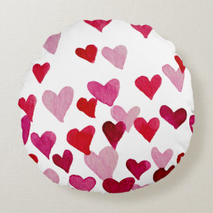 Coussins Ronds Coeurs d'aquarelle de la Saint-Valentin - rose