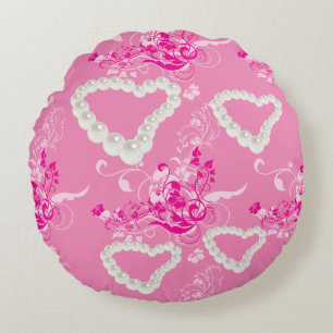 Coussins Ronds Coeurs de perles Pink Floral Swirl ronde à lancer 