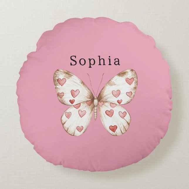 Coussins Ronds Coeurs papillons Nom personnalisé (Devant)