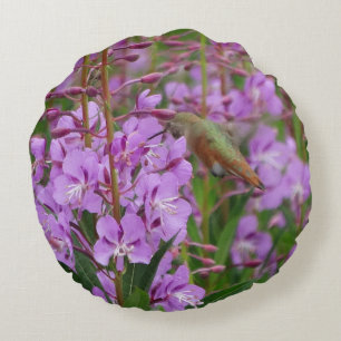 Coussins Ronds Colibri vert fond floral rose violet