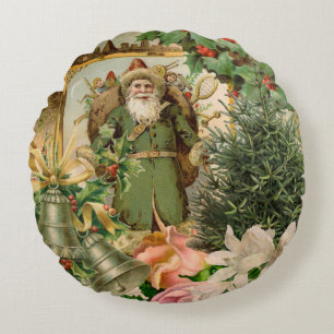 Coussins Ronds Collage Noël Père Noël Vert Ancien Monde Antique