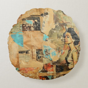 Coussins Ronds Collage rustique Vintage de journaux (8)