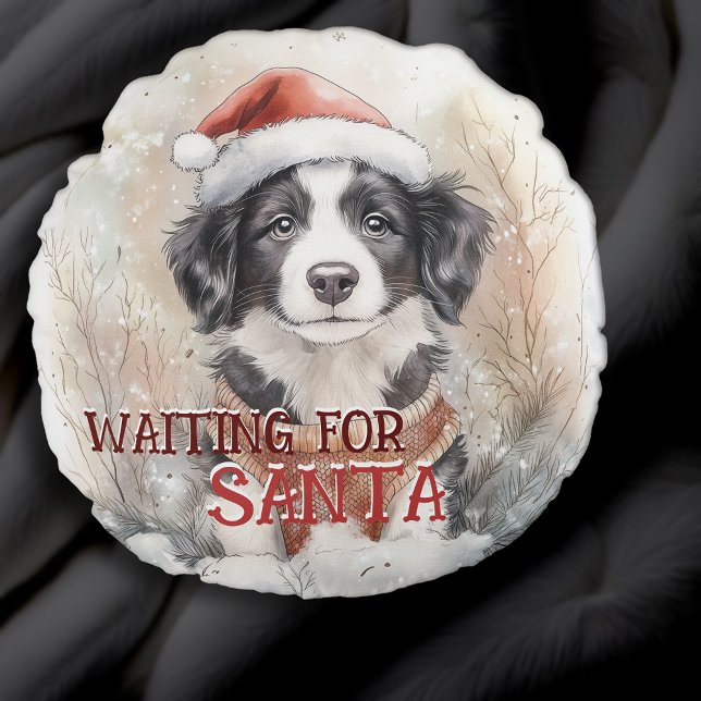 Coussins Ronds Collie Bordure En Attente De L'Aquarelle De Chien  (Border Collie Waiting For Santa Dog Watercolor Round Pillow. Personalize it!)