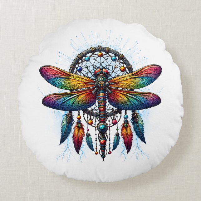 Coussins Ronds Colorful Psychedelic Dragonfly Dreamcatcher Boho (Devant)
