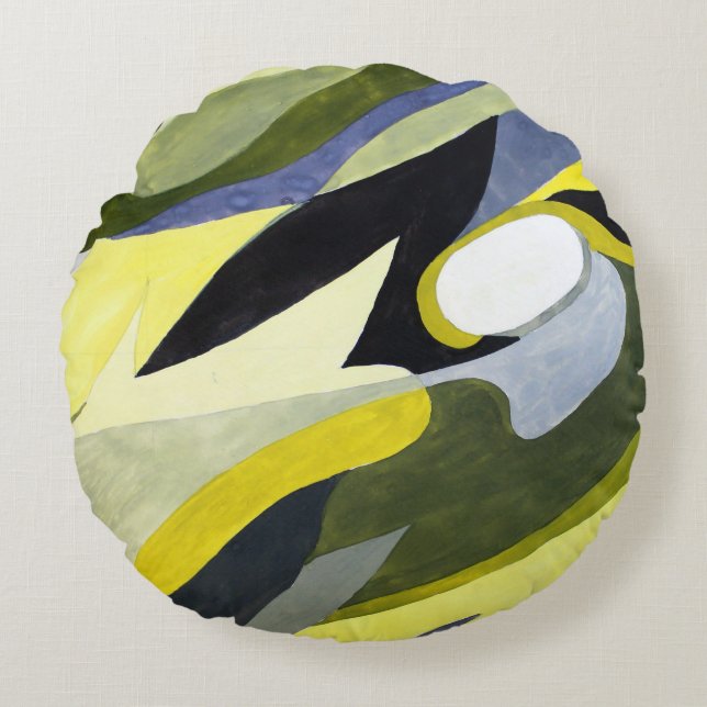 Coussins Ronds Composition Gouache Abstraite : Jaune, Gris, Noir. (Devant)