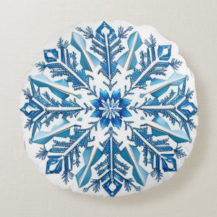 Coussins Ronds Conception complexe du flocon de neige bleu