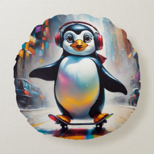 Coussins Ronds Cool Peinture d'Art numérique de pingouin