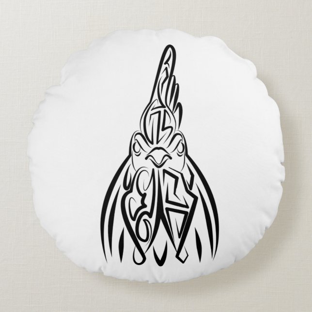 Coussins Ronds Coq tribal noir et blanc (Devant)