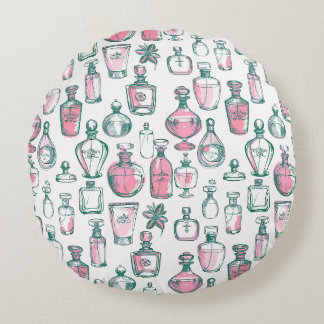 Coussins Ronds Coquette Bouteilles de parfum rose et vert esthéti