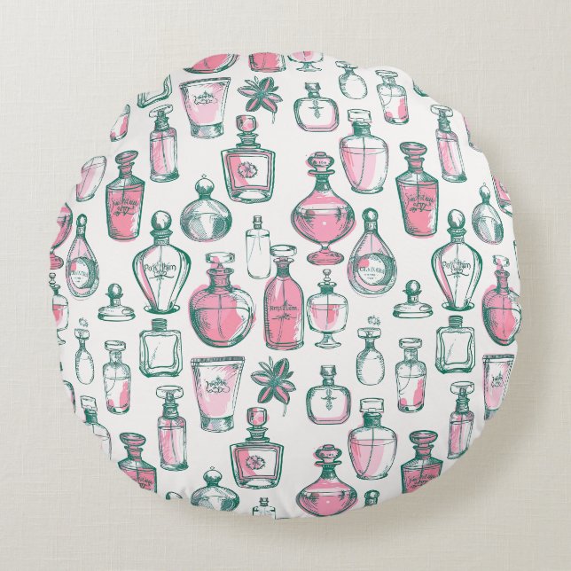 Coussins Ronds Coquette Bouteilles de parfum rose et vert esthéti (Devant)