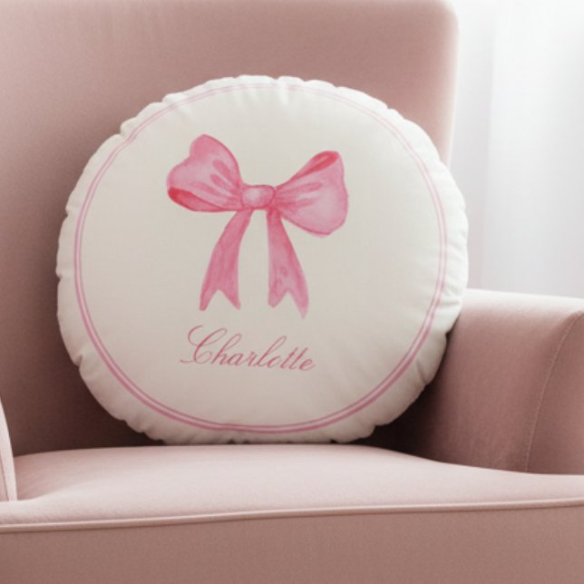 Coussins Ronds Coquette rose Bow (cute sweet pink bow round pillow for girly coquette home decor, great gift for teen girls)