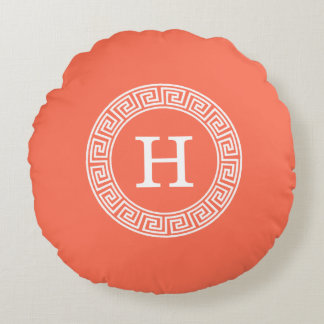 Coussins Ronds Corail Blanc Grille Clé grecque Cadre initial Mono
