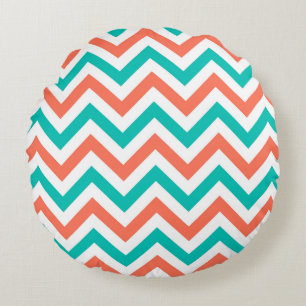 Coussins Ronds Corail, sarcelle, motif zigzag chevron large blanc