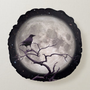 Coussins Ronds Corneille et Lune 2, Crow Art, Corbeau, Gothique,